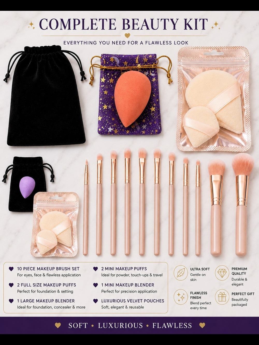 Complete Beauty Kit - Pink Full Size Makeup Brush Set with Orange Blender & More